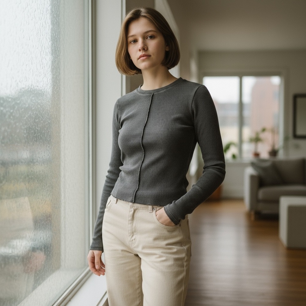 Maniere De Voir Ribbed Knit Long Sleeve Top Brown UK Size 8‎